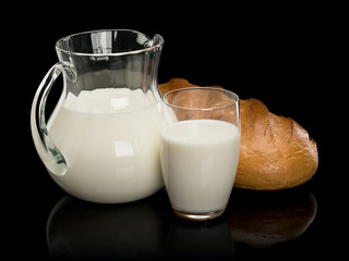 Glassware filled with milk and a white loaf long loaf