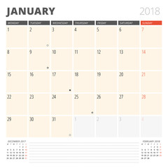Calendar Planner for January 2018. Design Template. Week Starts on Monday. 3 Months on the Page. Phases of the Moon.