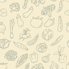 Seamless pattern with hand drawn vegetables. Perfect organic food pattern in line style