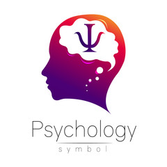 Modern head with letter Psi inside brain . sign of Psychology. Profile Human. Creative style. Symbol in vector. Design concept. Violet color isolated on white background. Icon for web