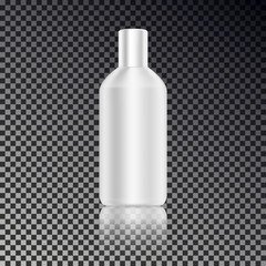 Cosmetic ads template, blank cosmetic mockup bottle with transparent reflection isolated on dark background. Realistic white 3D vector illustration.