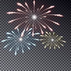 Festive transparent firework isolated illustration on dark background. Light fireworks effect for card, poster. Vector illustration. - 139851418