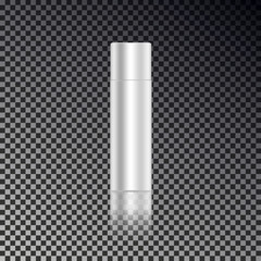 Cosmetic close hair spray ads template, blank cosmetic mockup bottles with transparent reflection isolated on dark background. Realistic white 3D vector illustration.