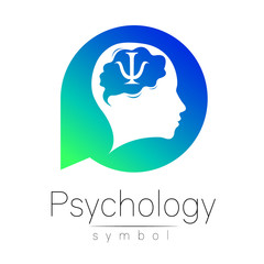 Modern head Sign of Psychology. Human in a circle. Creative style. Icon in vector. Design Brand company. Blue green color isolated on white background. Symbol for web, print