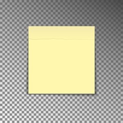 Office yellow post note. Paper sheet sticker with shadow isolated on a transparent background. Vector illustration.
