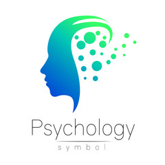 Modern head sign of Psychology. Profile Human. Creative style. Symbol in vector. Blue green color isolated on white background. Icon for web, print
