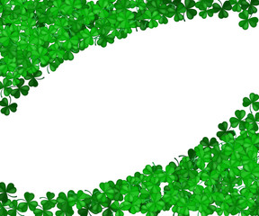 St Patricks Day clover. Green border of shamrocks isolated on a white background. Space for text. Gradient Vector illustration.