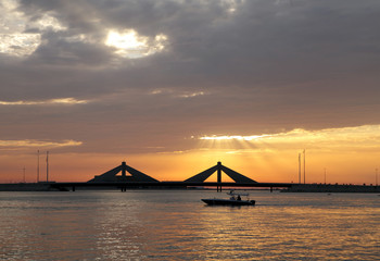 Sheikh Salman Causeway bridge, the design with two sail-like structures depict Bahrains traditional pearl diving