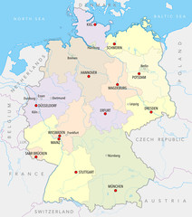 Map of Germany with main cities, provinces and rivers in pastel colors