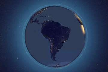 Planet Earth from space showing South America in night with enhanced bump, 3D illustration, Elements of this image furnished by NASA
