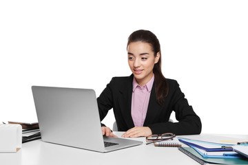 Beautiful young woman working with laptop, on white background