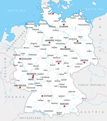 Map of Germany with cities, provinces and rivers in bright colors