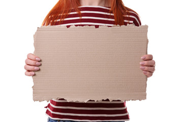 Woman holding piece of cardboard with space for text on white background