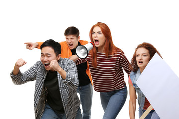 Group of protesting young people on white background