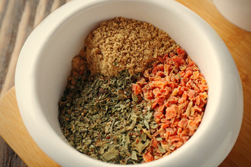 Bowl with different spices, closeup