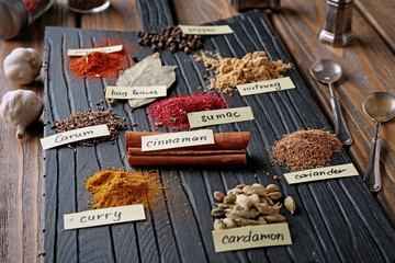 Different spices on wooden board