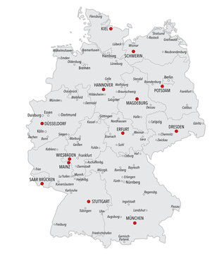 Map of Germany with cities and provinces in gray color