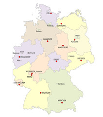 Map of Germany with main cities and provinces in pastel colors