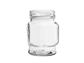 Empty glass jar of unusual shape on a white background