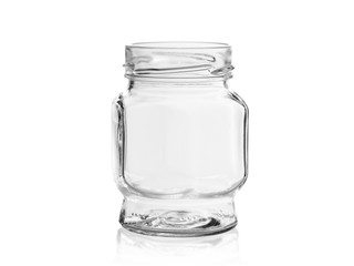 Empty glass jar of unusual shape with shadow and reflection on white background
