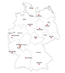 Map of Germany with main cities and provinces in white color