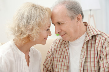 Closeup portrait of happy senior couple at home