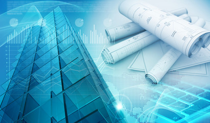 skyscraper exterior and architectural blueprints 