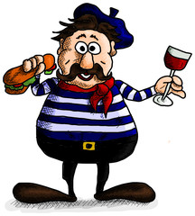 Typical smiling French man with wine and baguette in shirt with white and blue stripes, beret and red scarf.