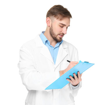 Handsome doctor with blue clipboard on white background