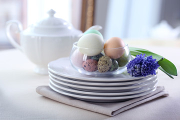 Beautiful Easter table setting  on linen tablecloth