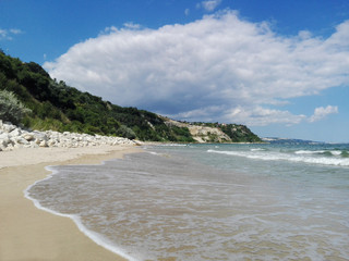 Beach view Grass and stones grown on a wide range and the sea.