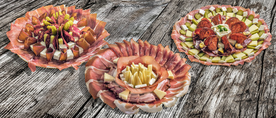 Collection of Three Serbian Appetizers Savory Dish Meze Versions Displayed on Old Cracked Wooden Picnic Table