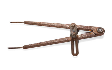 old rusty pair of dividers, tool isolated on white