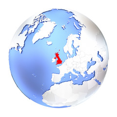United Kingdom on metallic globe isolated