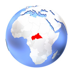 Central Africa on metallic globe isolated