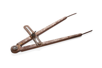 old rusty pair of dividers, tool isolated on white