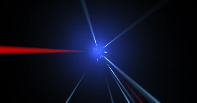 Light beams journey / 3D animation of camera moving through rays of laser light