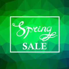 Spring Sale Lettering Design.Green Banner with a Textured Abstract Blurred Flare Background and Text in Square Frame.