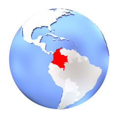Colombia on metallic globe isolated