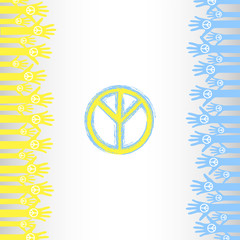 Sign of Peace and Hands in Yellow and Blue Color. Vector Illustration.