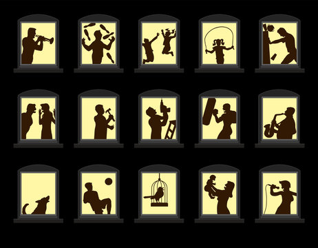 Loud neighbors making noise behind soundproof windows at night. Isolated vector illustration on black background.
