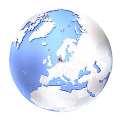 Denmark on metallic globe isolated
