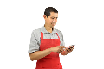 shopman with smartphone