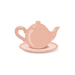 Ceramic teapot icon. Porcelain teakettle of classic shape with saucer isolated on white. Freehand drawn cartoon style. Teatime accessories concept. Tableware for tea drink. Vector element background
