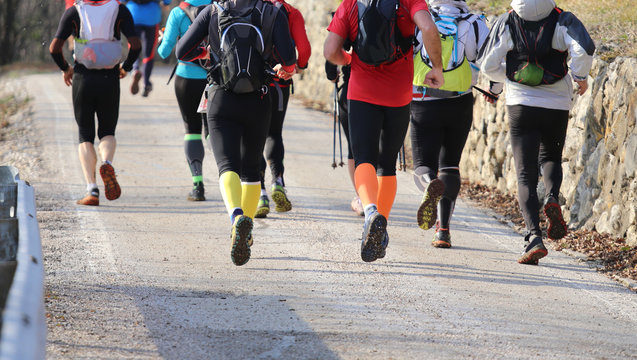 Many Runners Running Street Photographed From Behind