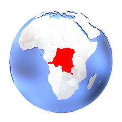 Democratic Republic of Congo on metallic globe isolated