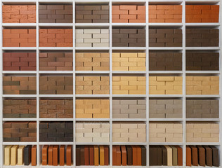 Shelves with bricks of various colors. Brick wall