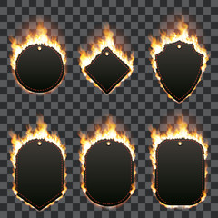 Set of six hot sale frames of different shapes surrounded with realistic flame isolated on black background. Burning fire light effect. Bonfire elements. Gradient mesh vector for your design