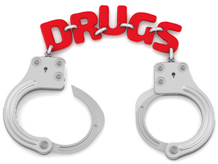 Detention for drugs. Steel handcuffs with red word "DRUGS" instead of a chain