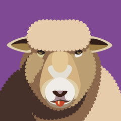 Face and neck of a giraffe from the front with a yellow sky and clouds behind it.
